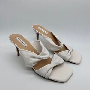 Saks Fifth Avenue Heels Sandals Open Toe Slip On White Leather Twisted Strap 8.5